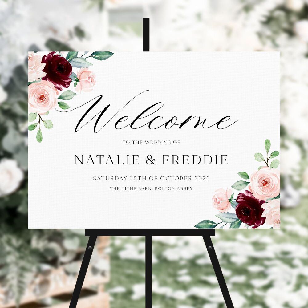 Burgundy & Blush Roses Welcome Sign