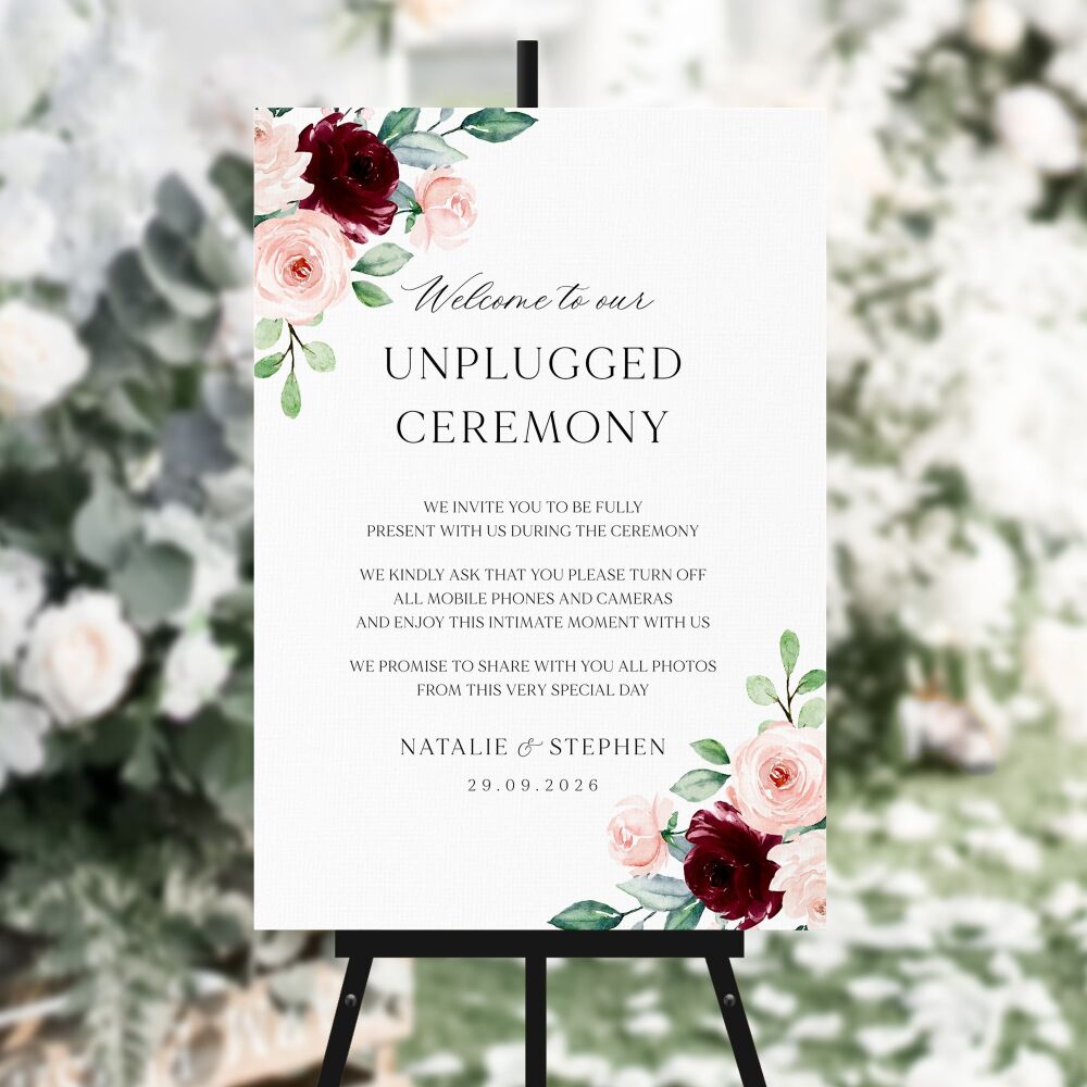 Burgundy & Blush Roses Unplugged Ceremony Sign