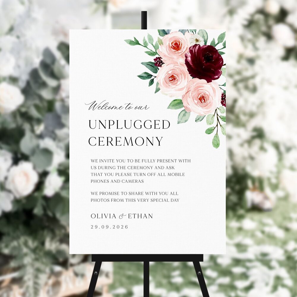 Burgundy & Blush Roses Unplugged Ceremony Sign