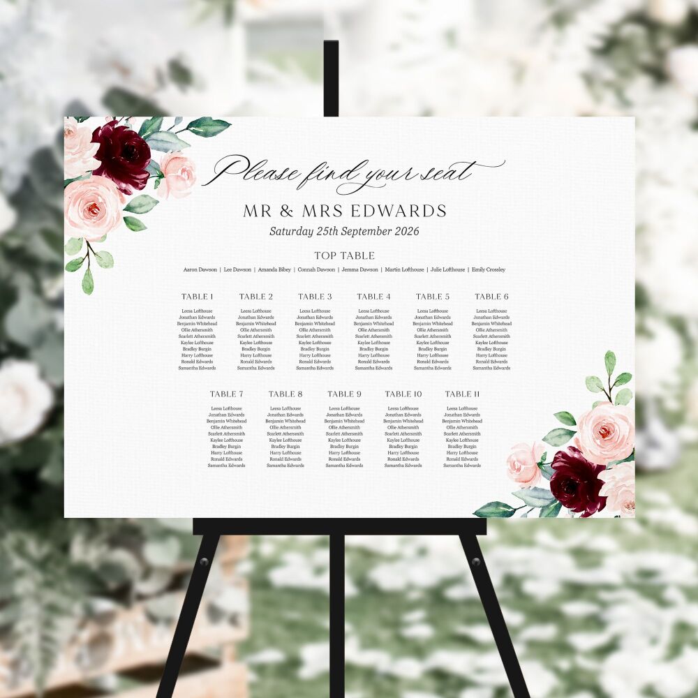 Burgundy & Blush Roses Table Plan