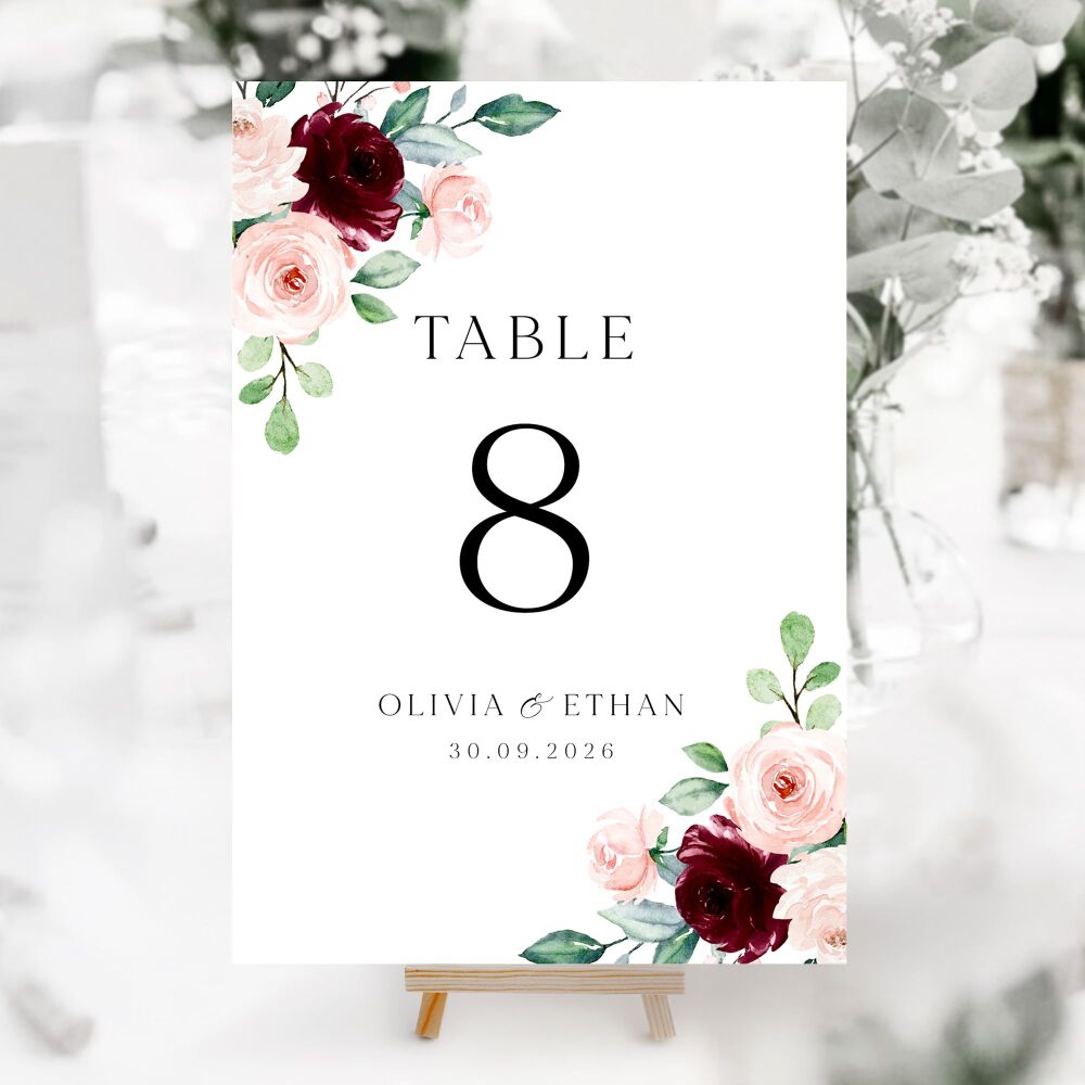 Burgundy & Blush Roses Table Numbers