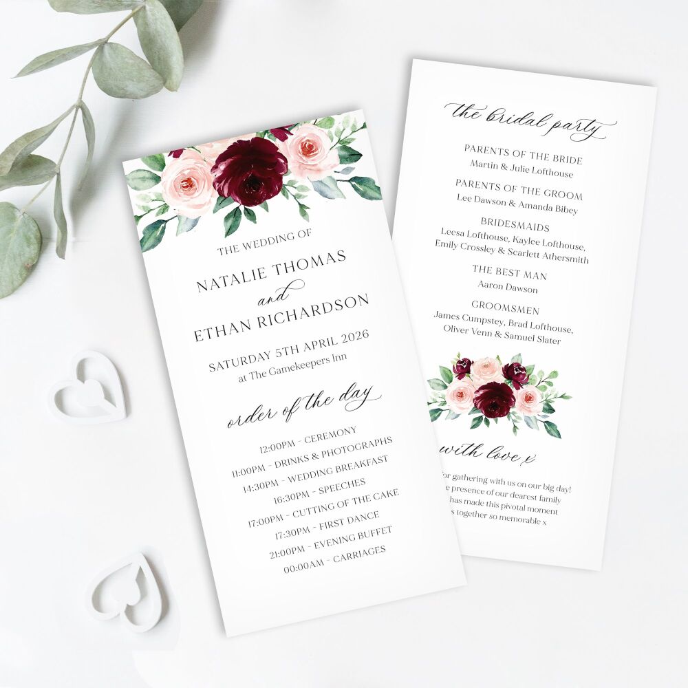 Burgundy & Blush Roses Order of Service Card