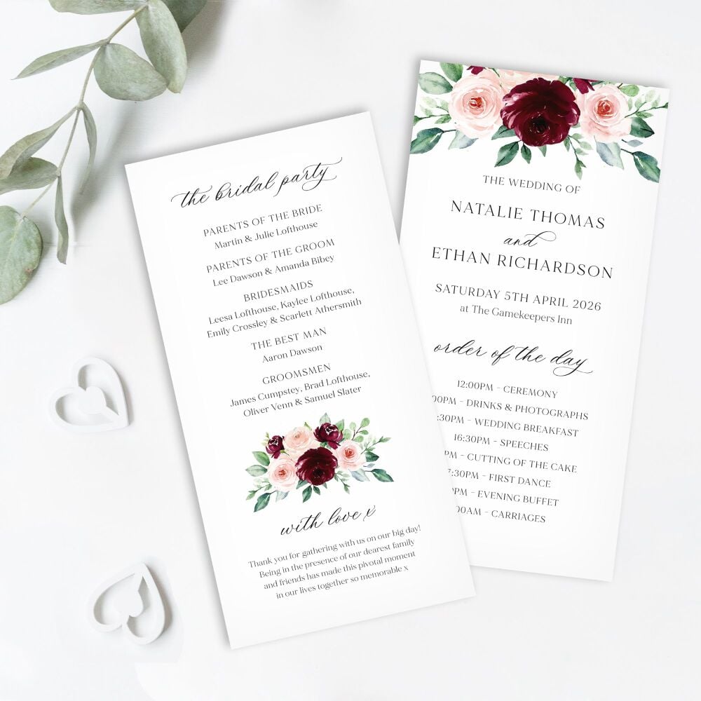 Burgundy & Blush Roses Order of Service Card