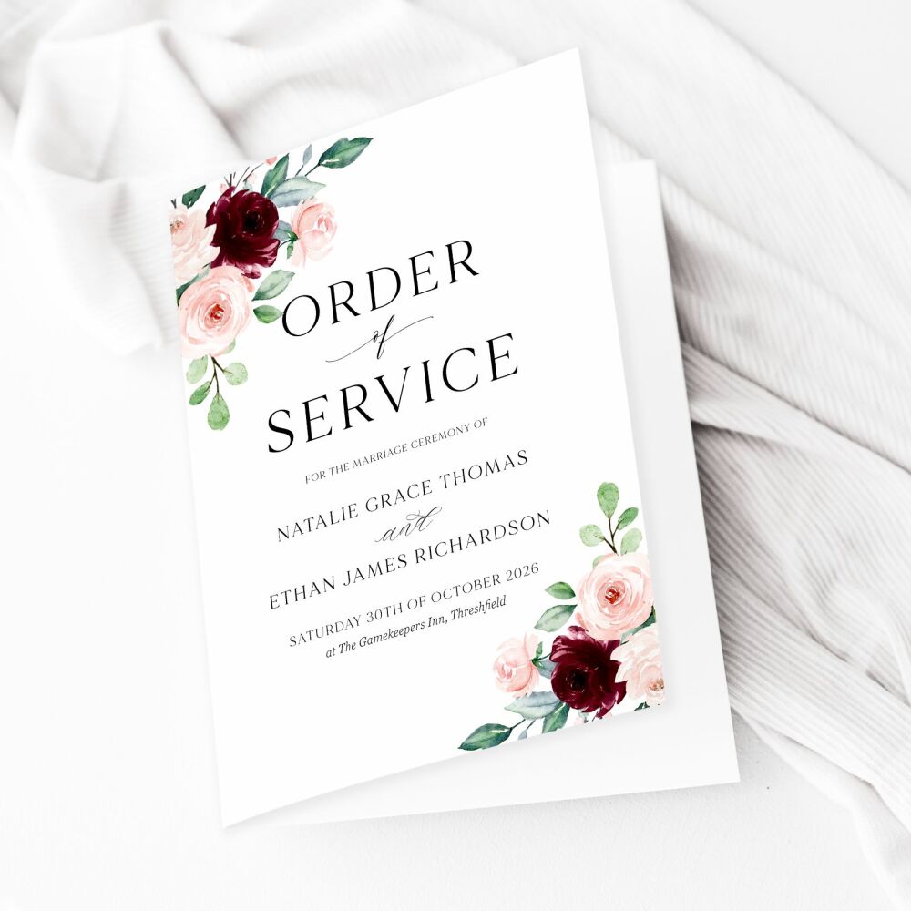 Burgundy & Blush Roses Order of Service Booklet