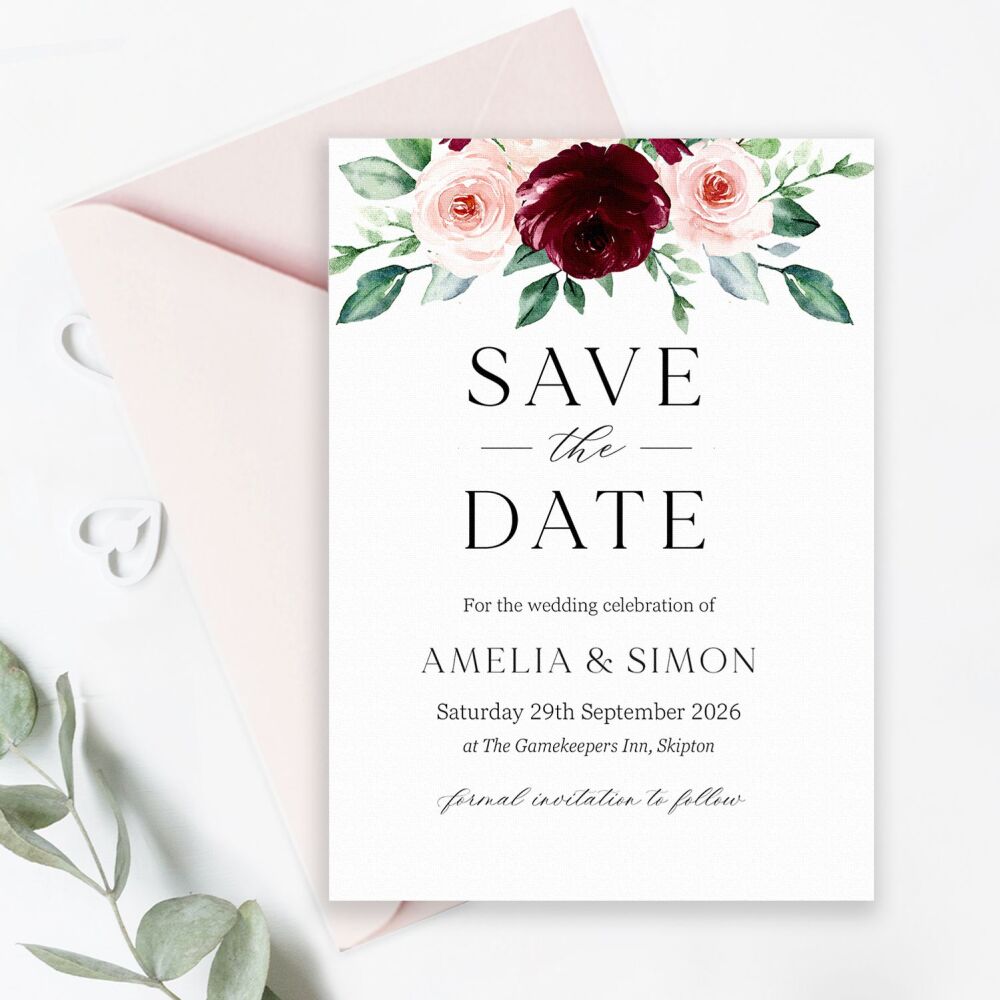 Burgundy & Blush Roses Save the Date