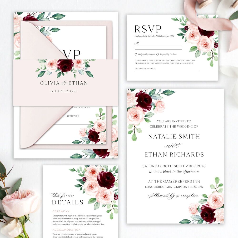 Burgundy & Blush Roses Wedding Invitation Sample