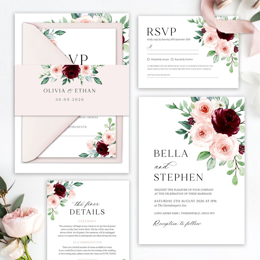 Burgundy & Blush Roses Wedding Invitation Sample