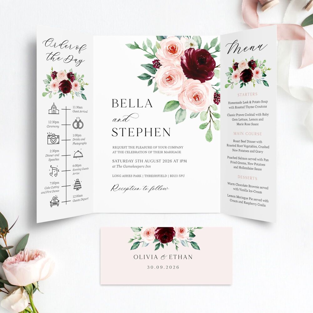 Burgundy & Blush Roses Wedding Invitation Sample