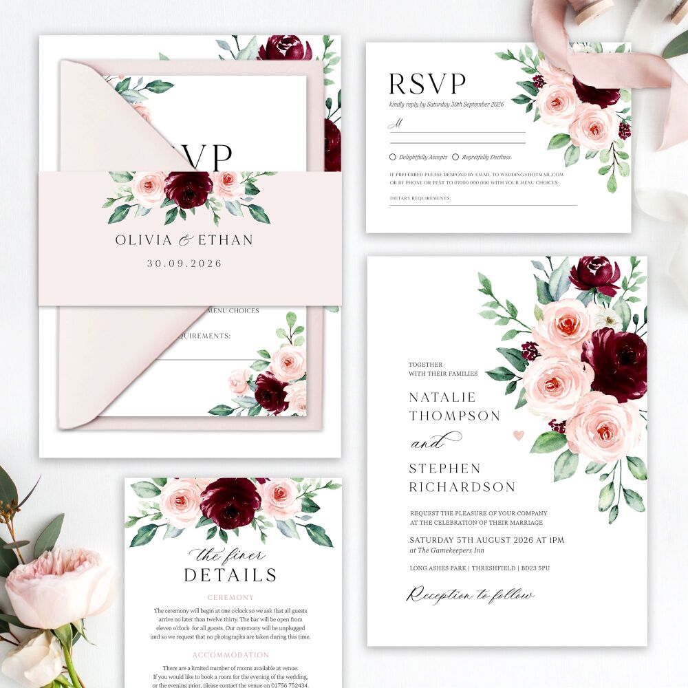 Burgundy & Blush Roses Wedding Invitation Sample