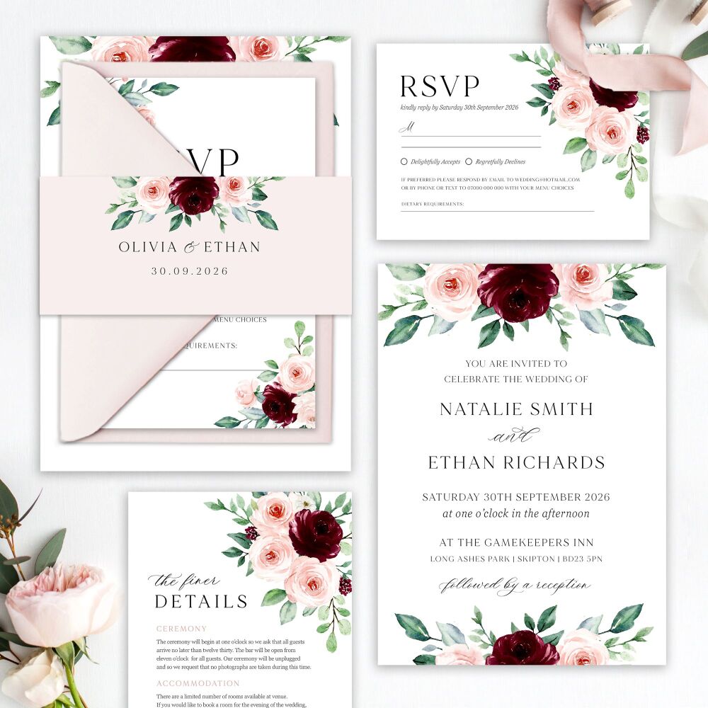 Burgundy & Blush Roses Wedding Invitation Sample