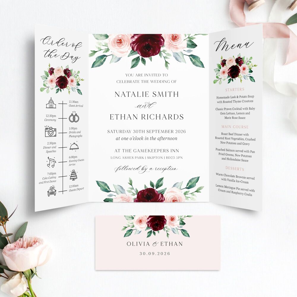 Burgundy & Blush Roses Wedding Invitation Sample