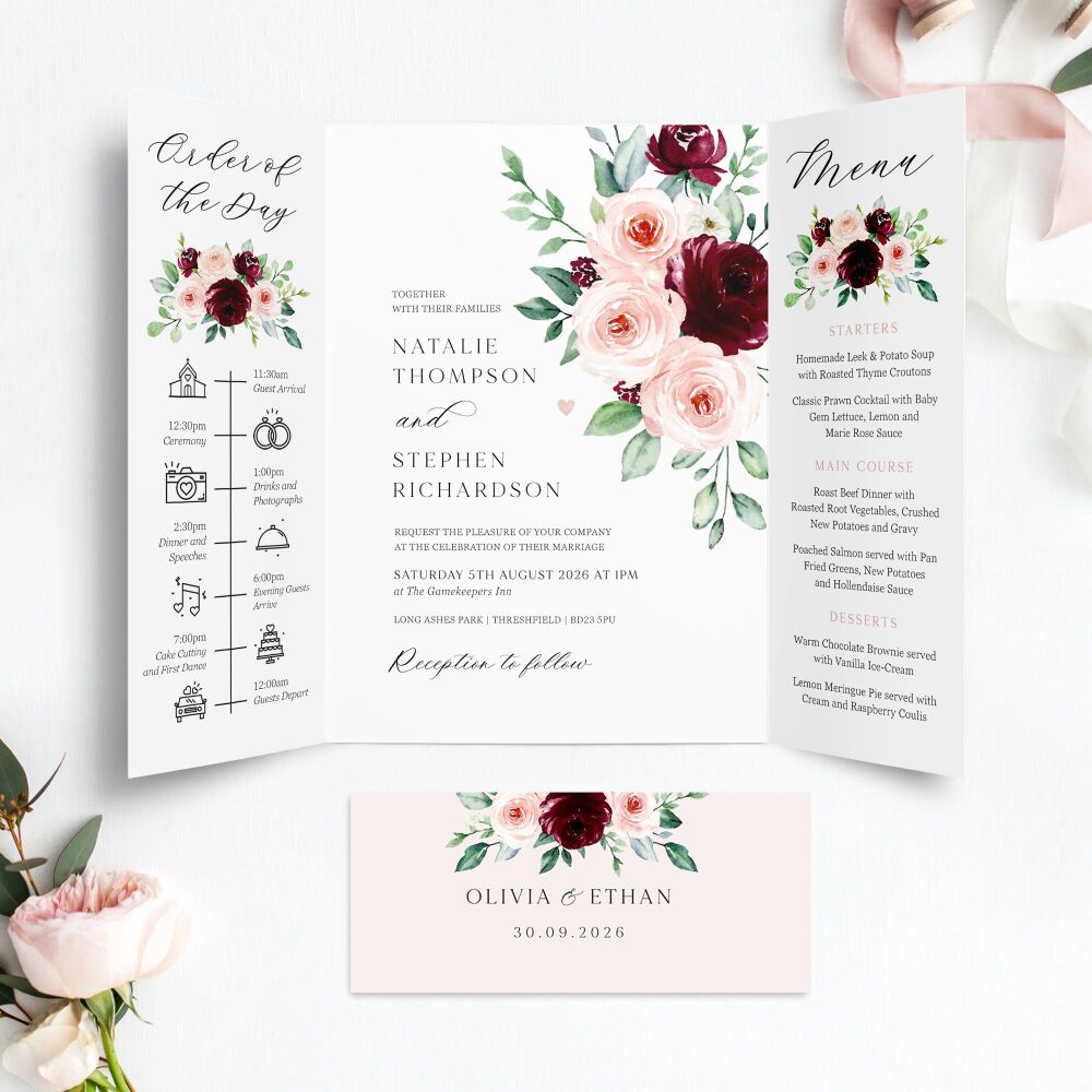 Burgundy & Blush Roses Wedding Invitation Sample