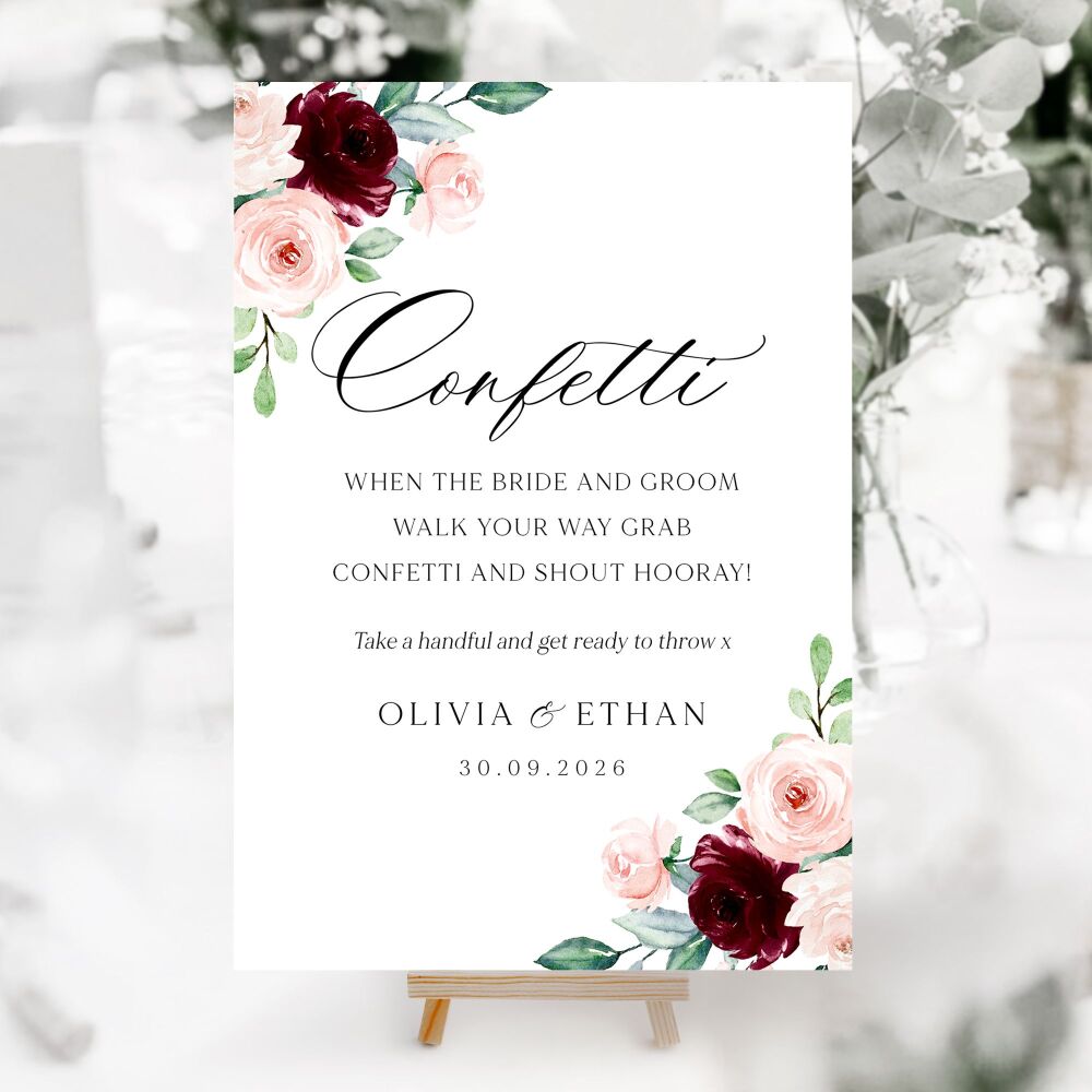 Burgundy & Blush Roses Wedding Accessory Signs (Choose Your Sign)