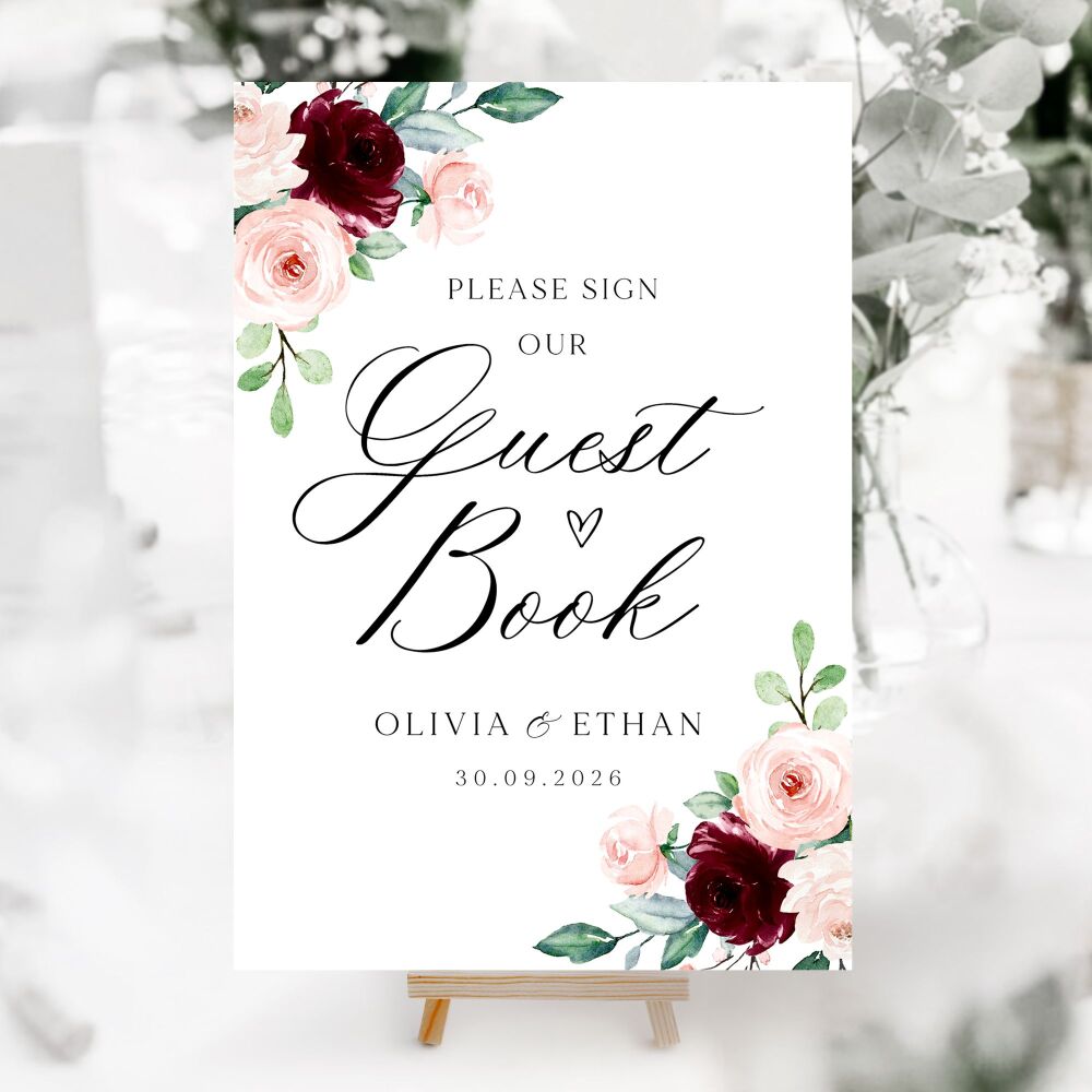 Burgundy & Blush Roses Wedding Accessory Signs (Choose Your Sign)