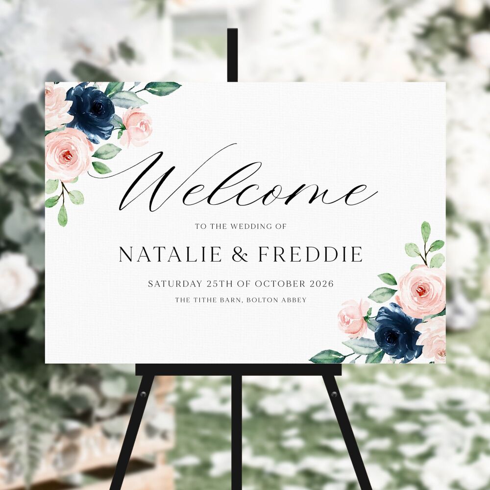 Navy & Blush Roses Welcome Sign