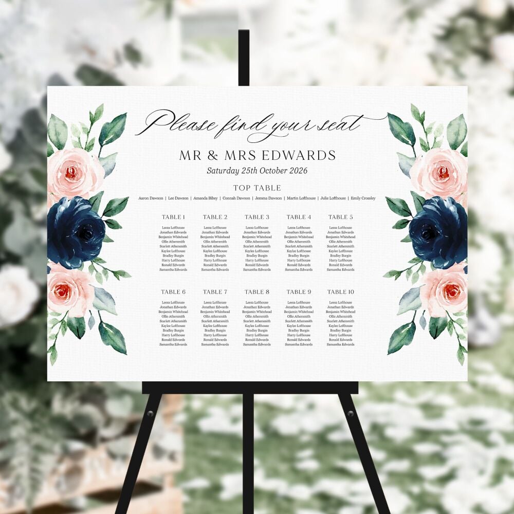 Navy & Blush Roses Table Plan