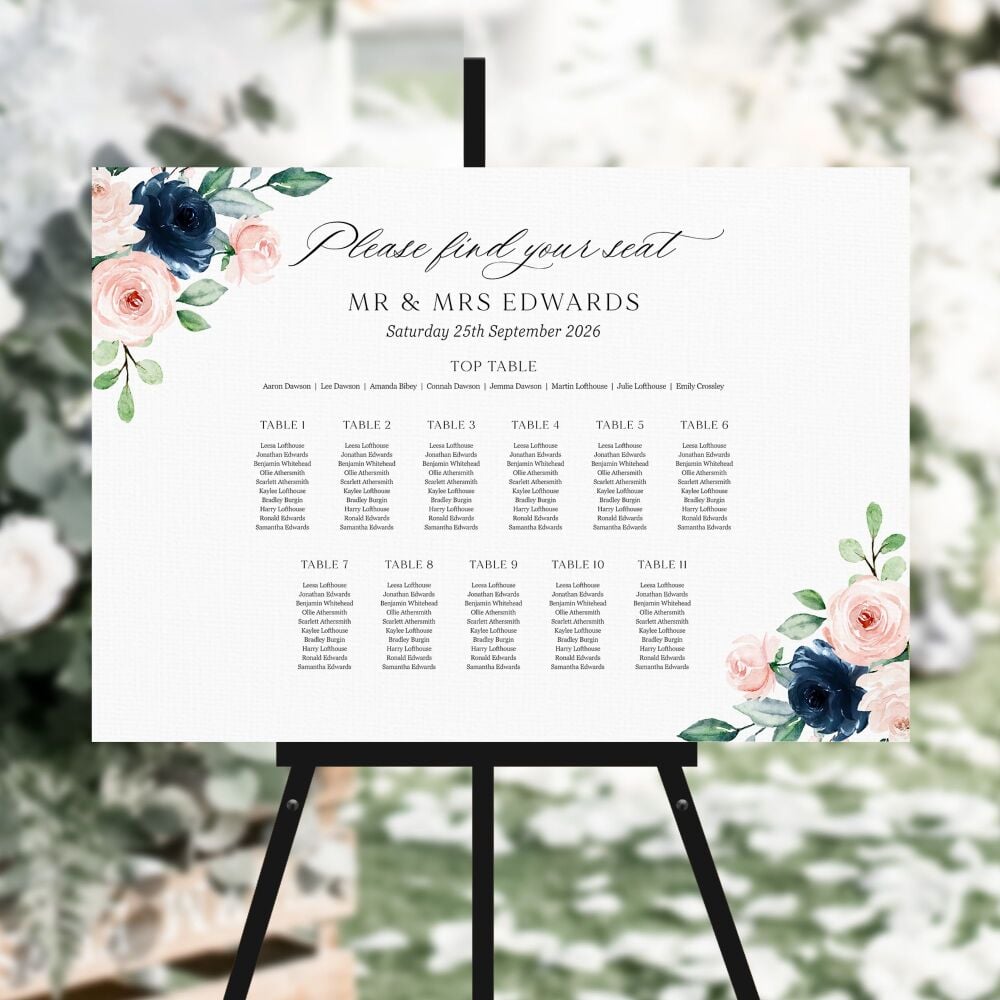 Navy & Blush Roses Table Plan