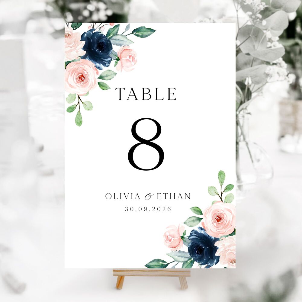 Navy & Blush Roses Table Numbers