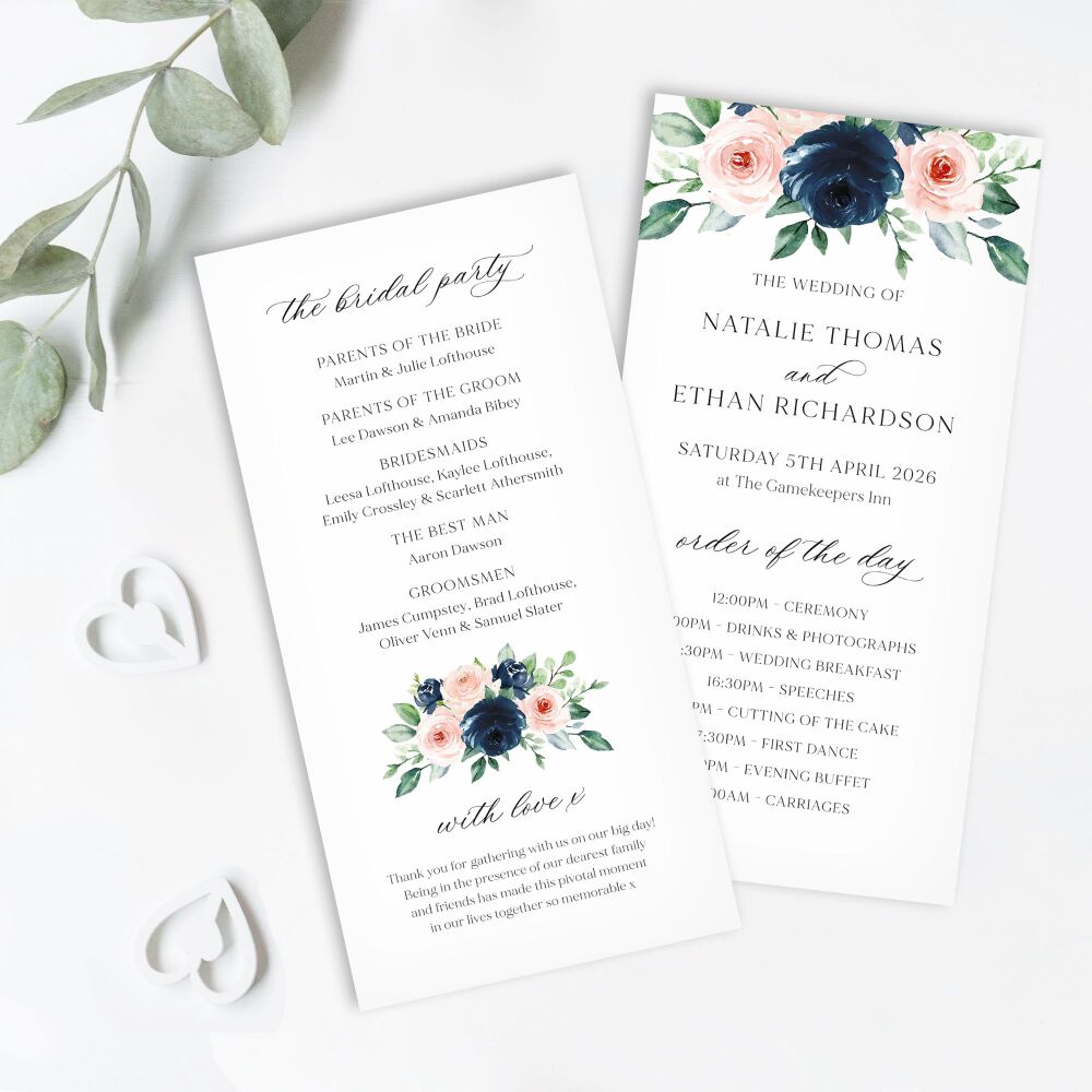Navy & Blush Roses Order of Service Card