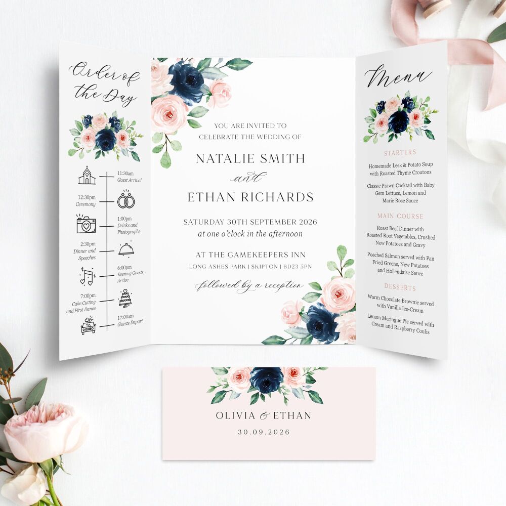 Navy & Blush Roses Wedding Invitation Sample