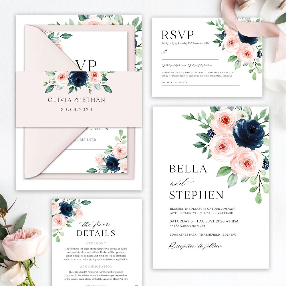 Navy & Blush Roses Wedding Invitation Sample