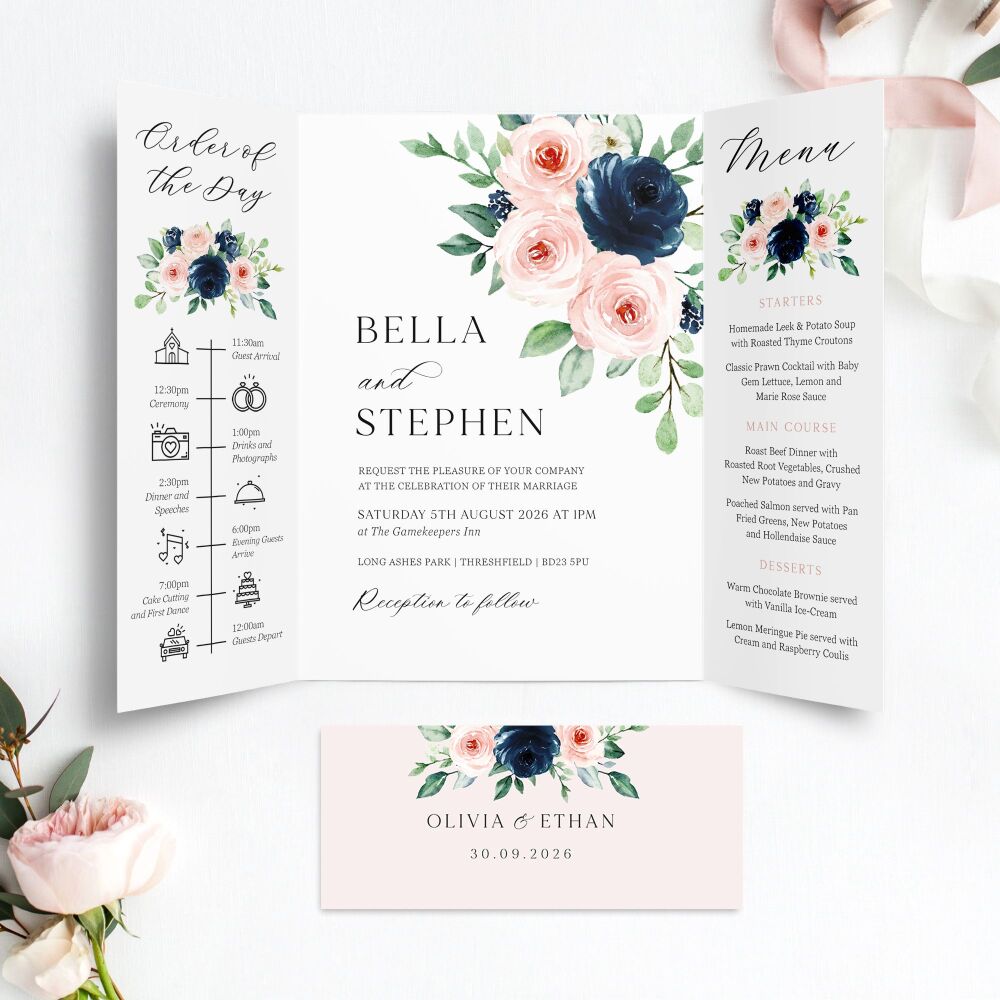 Navy & Blush Roses Wedding Invitation Sample