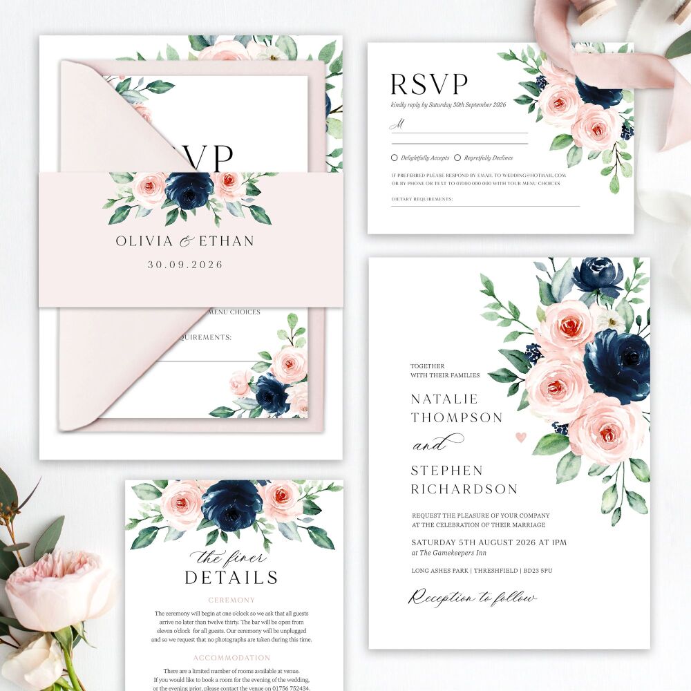 Navy & Blush Roses Wedding Invitation Sample