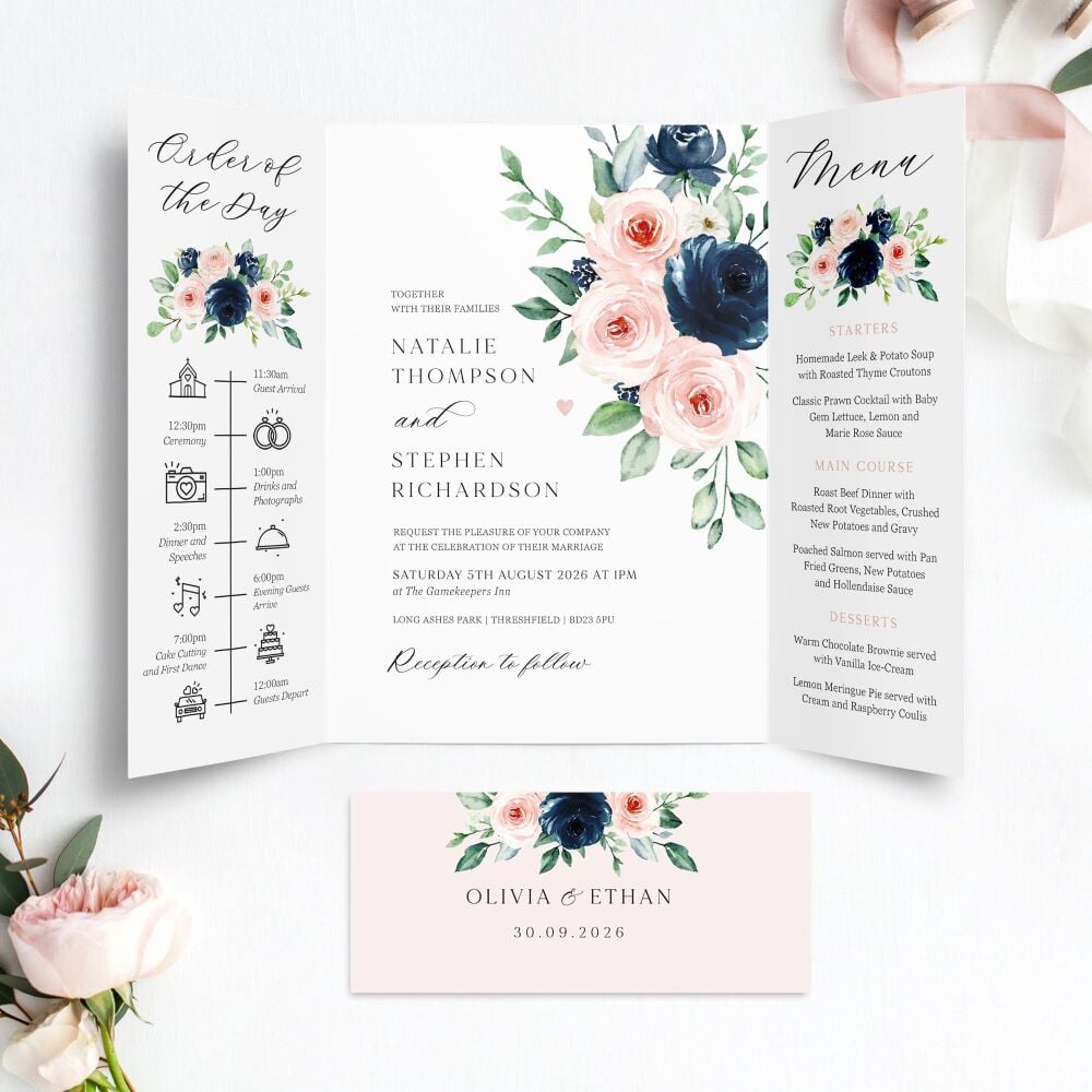 Navy & Blush Roses Wedding Invitation Sample