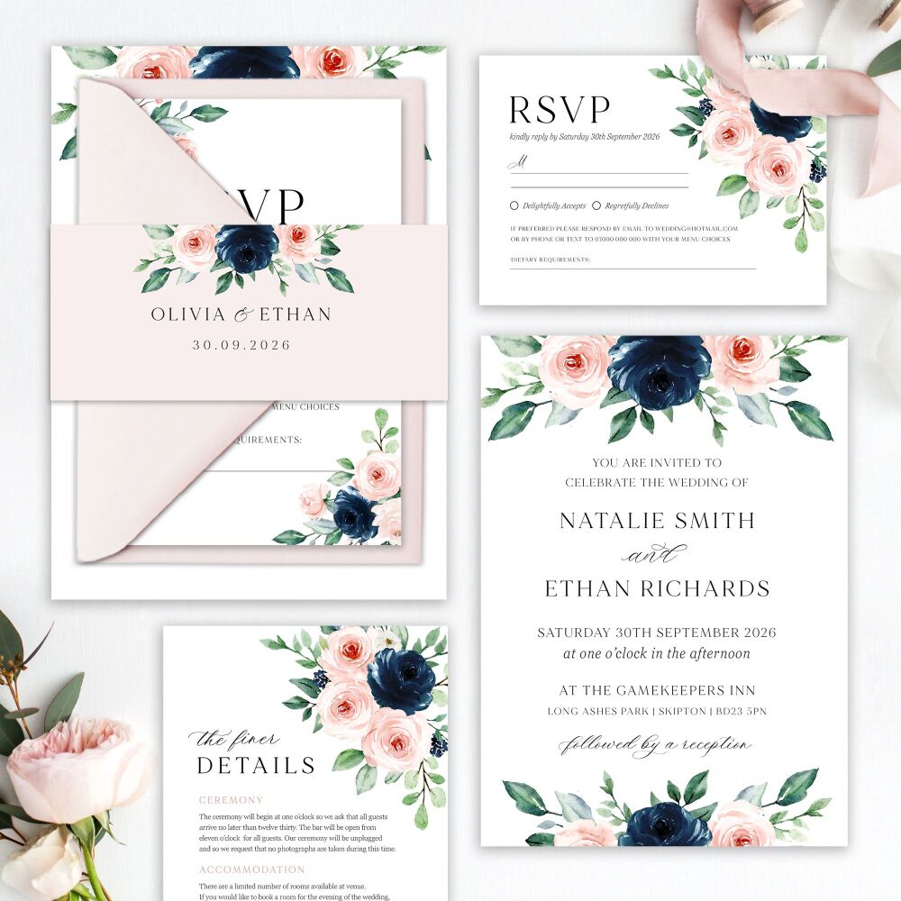 Navy & Blush Roses Wedding Invitation Sample