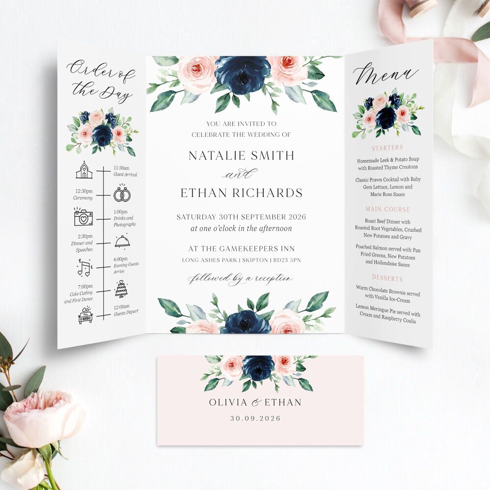 Navy & Blush Roses Wedding Invitation Sample