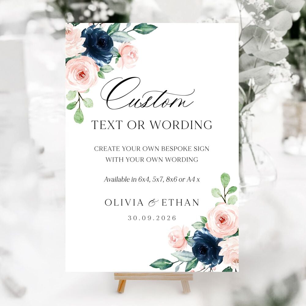 Navy & Blush Roses Small Custom Wording Sign