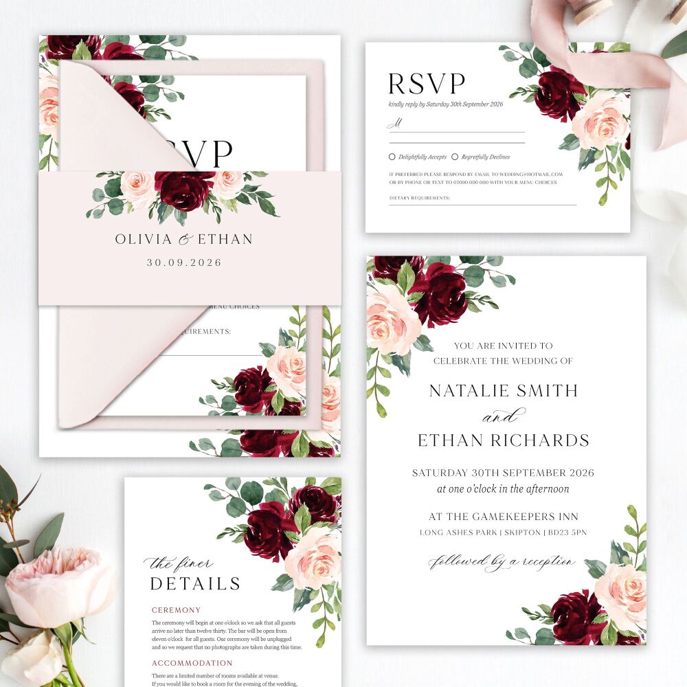 Blush & Burgundy Florals Wedding Invitation Sample