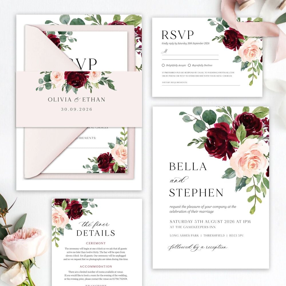 Blush & Burgundy Florals Wedding Invitation Sample