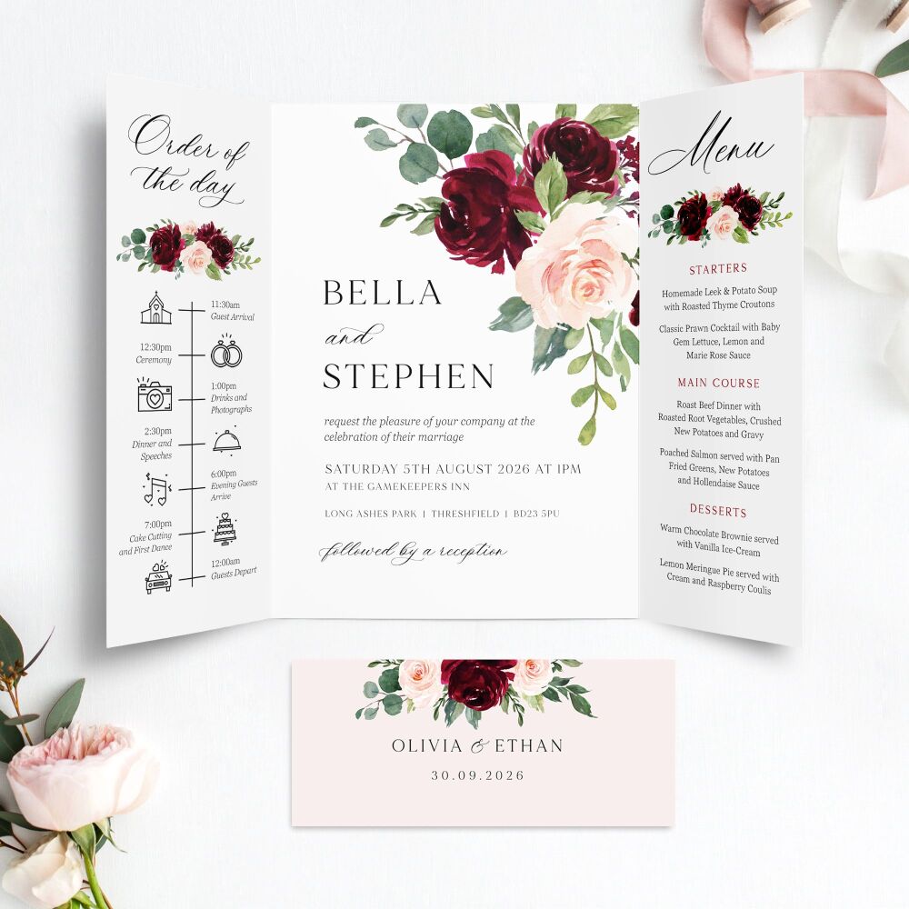 Blush & Burgundy Florals Wedding Invitation Sample