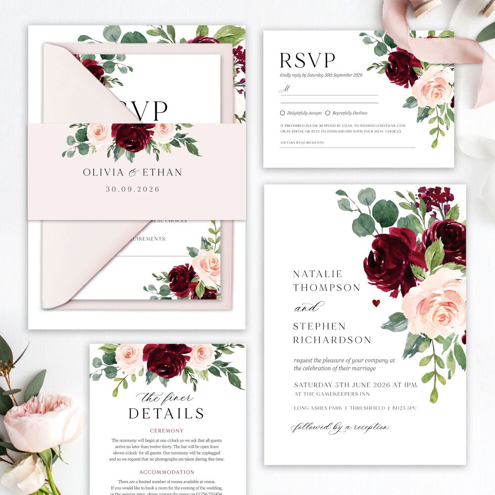 Blush & Burgundy Florals Wedding Invitation Sample