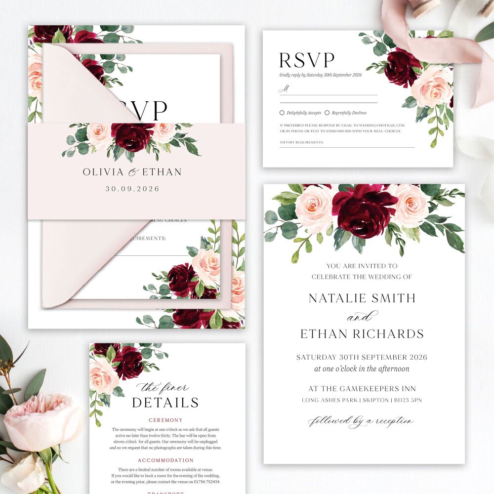 Blush & Burgundy Florals Wedding Invitation Sample