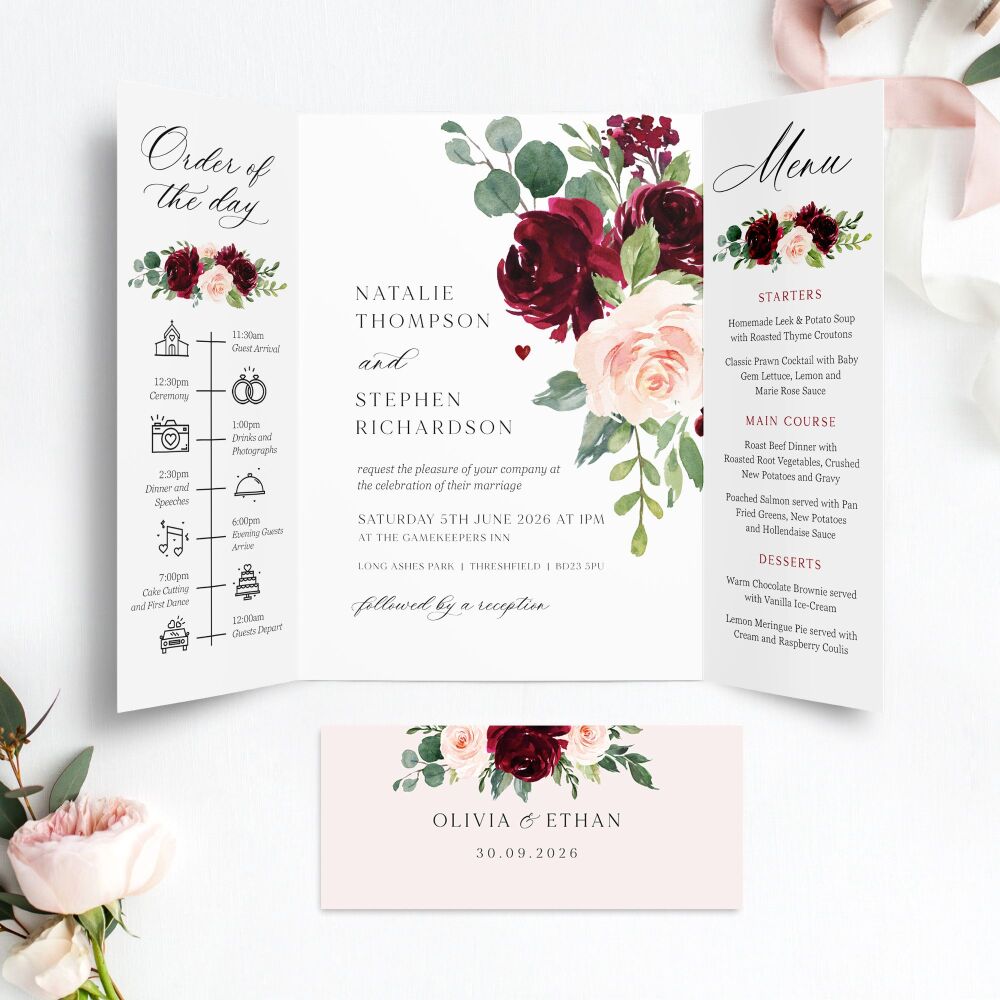 Blush & Burgundy Florals Wedding Invitation Sample