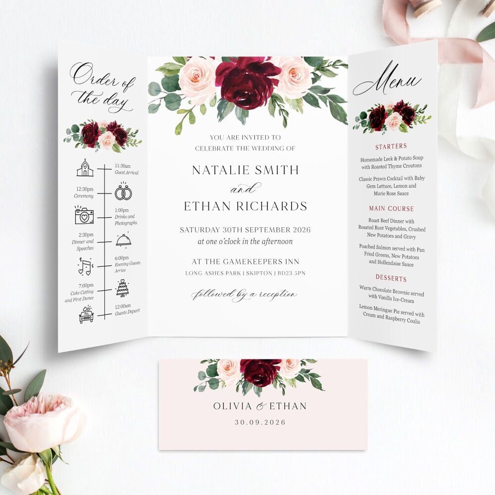 Blush & Burgundy Florals Wedding Invitation Sample