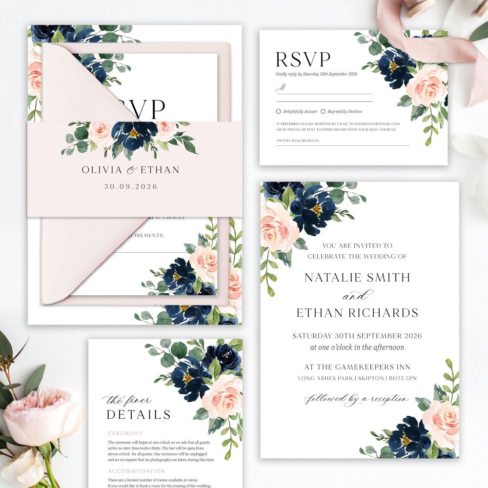 Blush & Navy Florals Wedding Invitation Sample