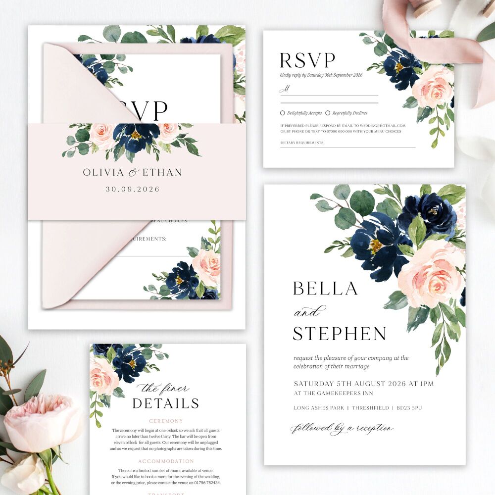 Blush & Navy Florals Wedding Invitation Sample
