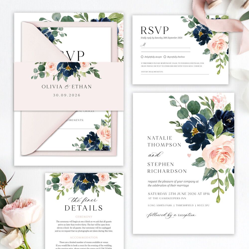 Blush & Navy Florals Wedding Invitation Sample