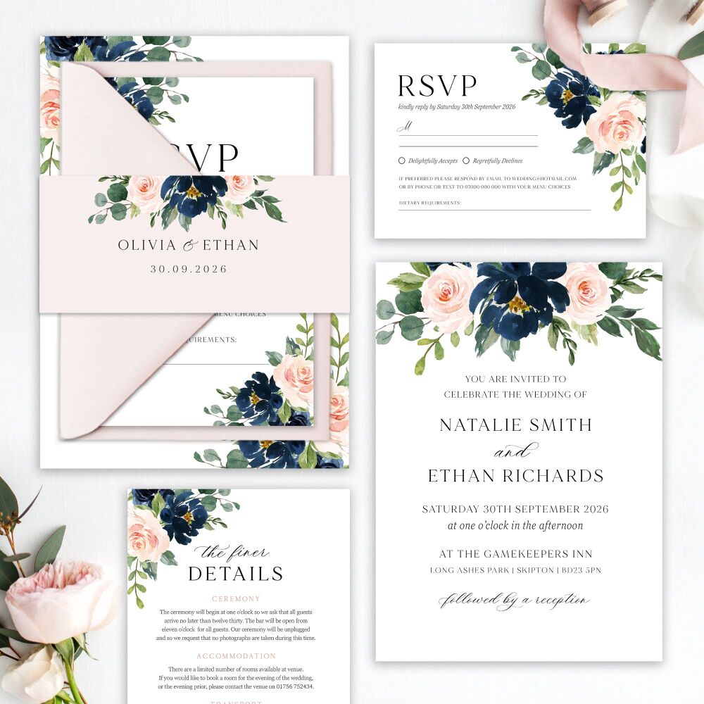 Blush & Navy Florals Wedding Invitation Sample