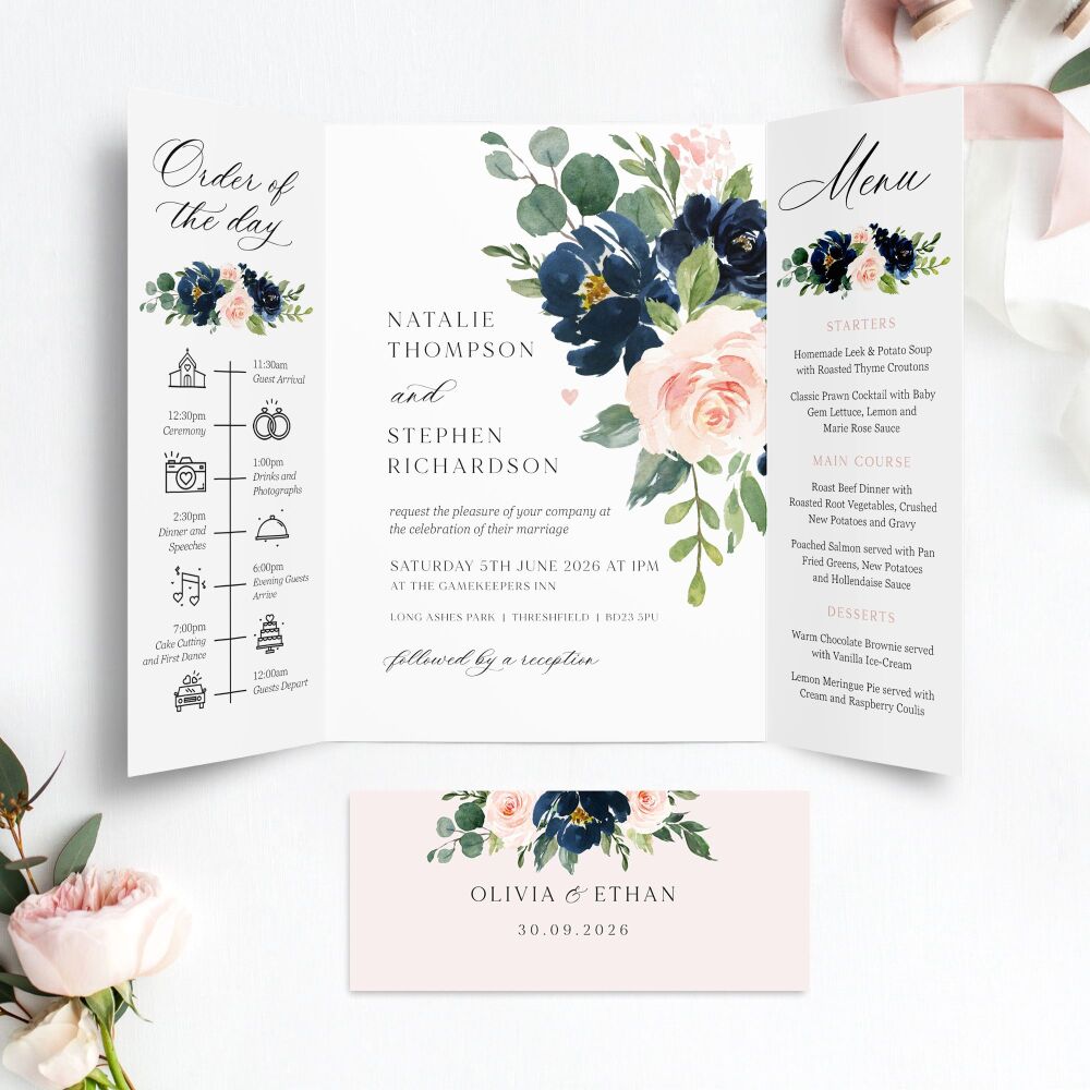 Blush & Navy Florals Wedding Invitation Sample