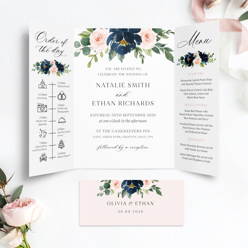 Blush & Navy Florals Wedding Invitation Sample