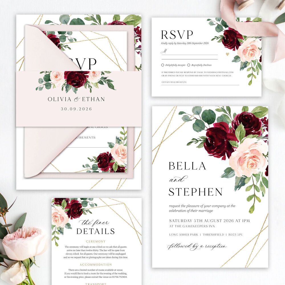 Blush, Burgundy & Gold Wedding Invitation Sample
