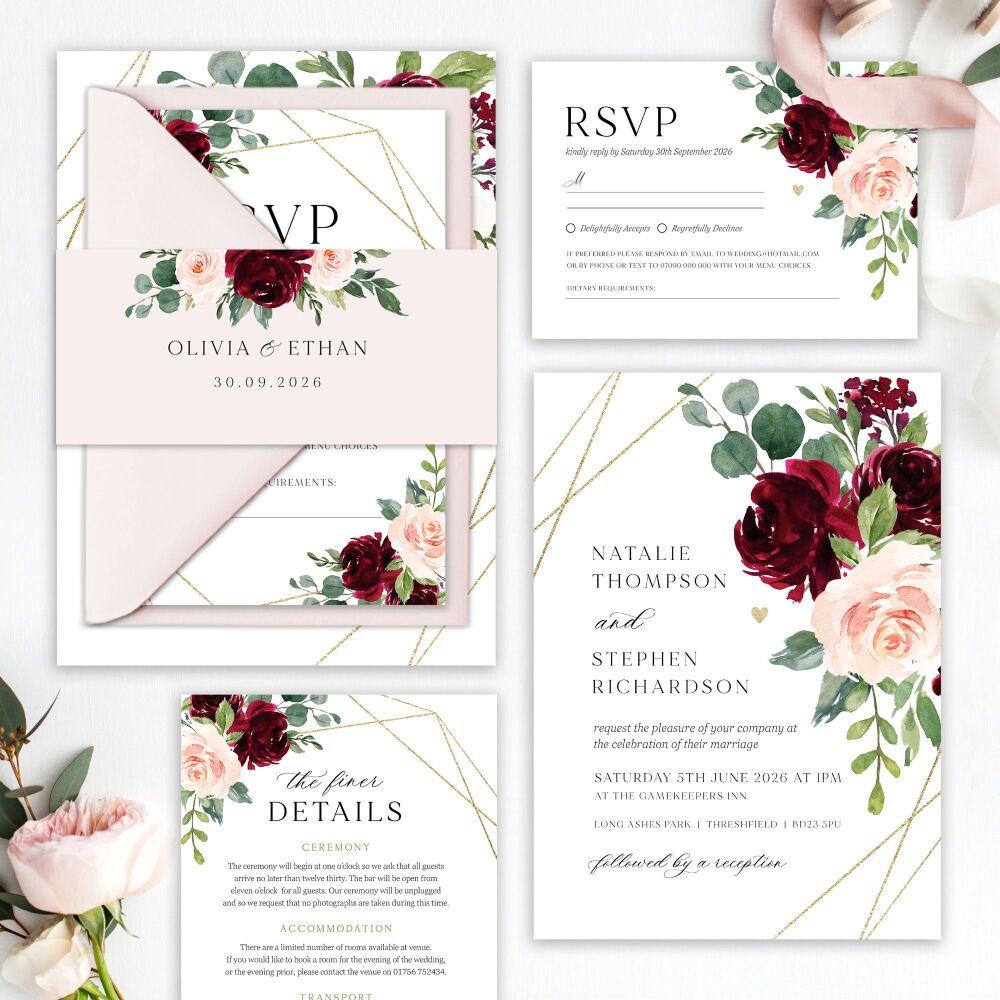 Blush, Burgundy & Gold Wedding Invitation Sample