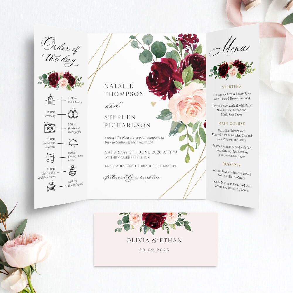 Blush, Burgundy & Gold Wedding Invitation Sample