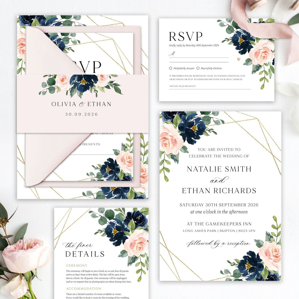 Blush, Navy & Gold Wedding Invitation Sample
