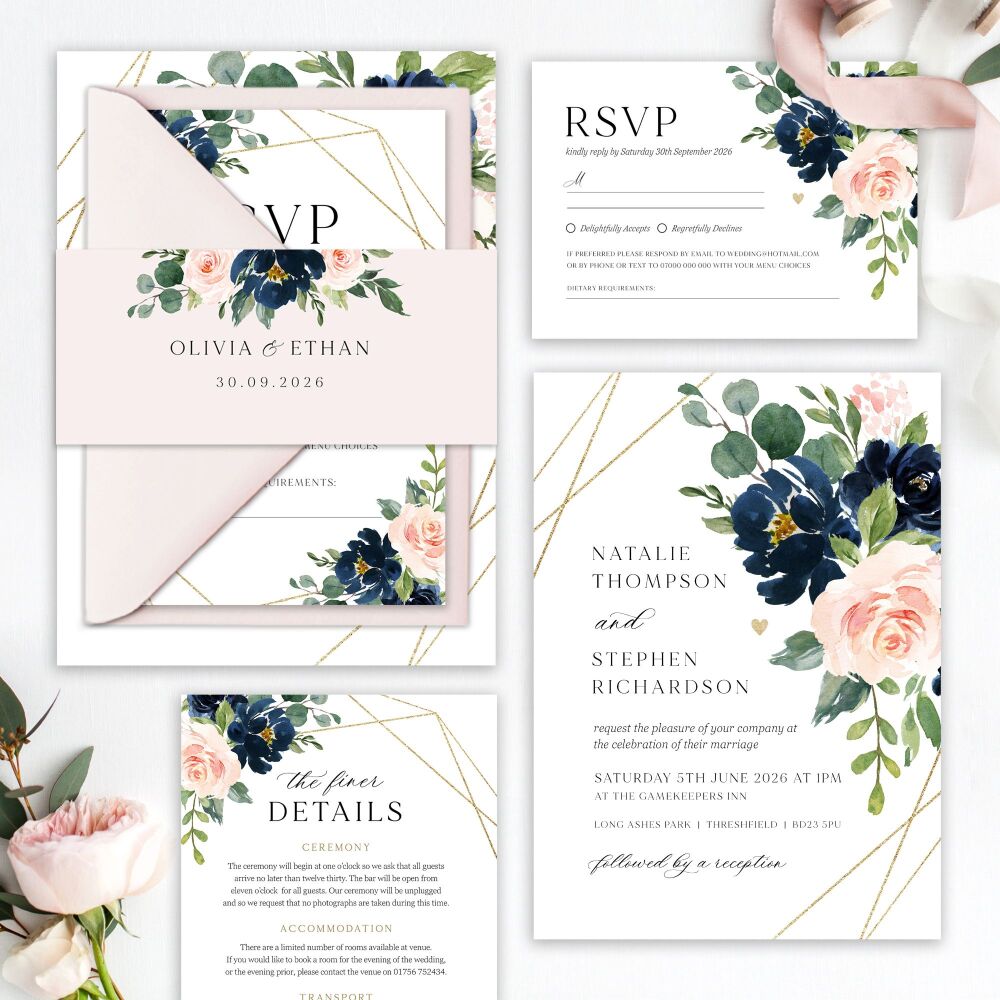 Blush, Navy & Gold Wedding Invitation Sample