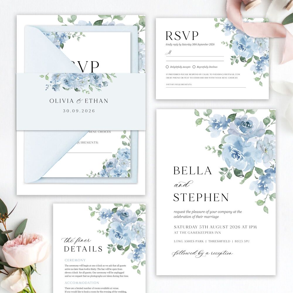 Dusky Blue Floral Wedding Invitation Sample